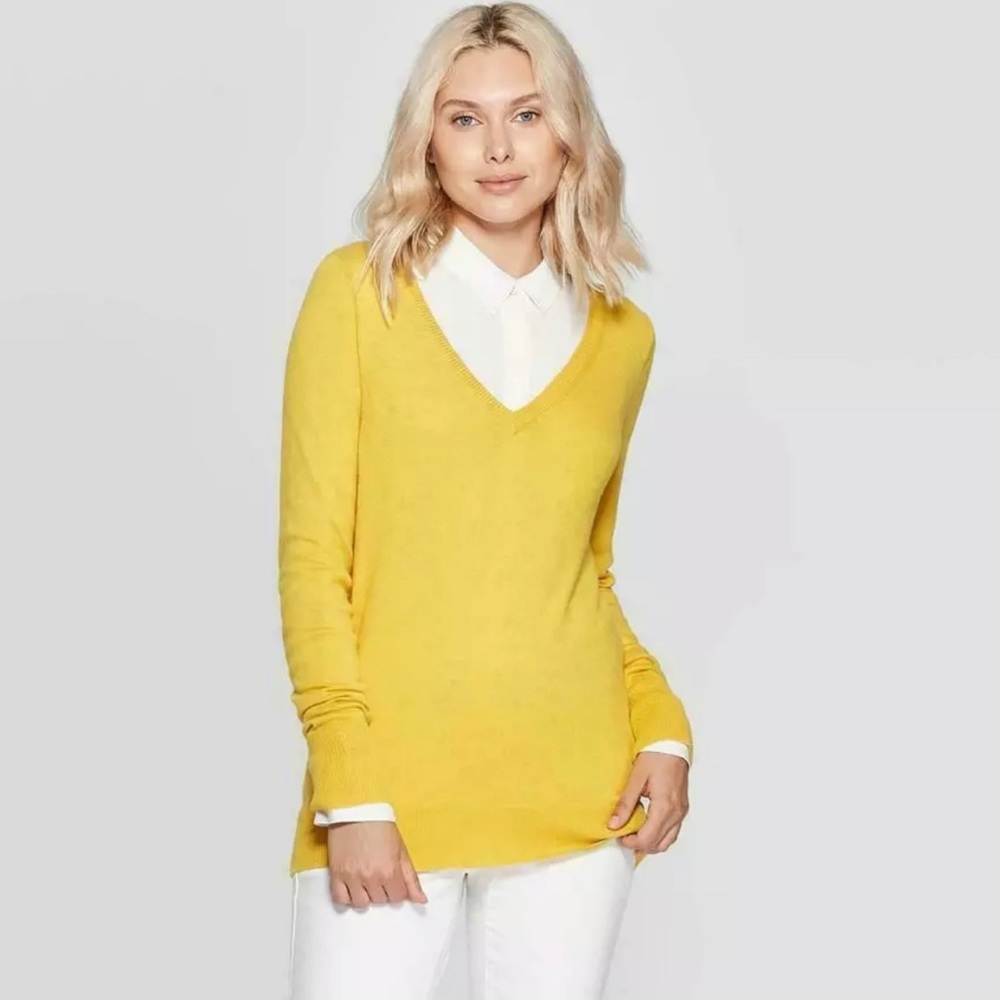 A New Day Womens Mustard Sweater Long Sleeve Top V-Neck Pullover Shirt